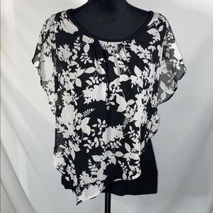 AB Studio Black White Floral Layered Chiffon Overlay Blouse Top Medium